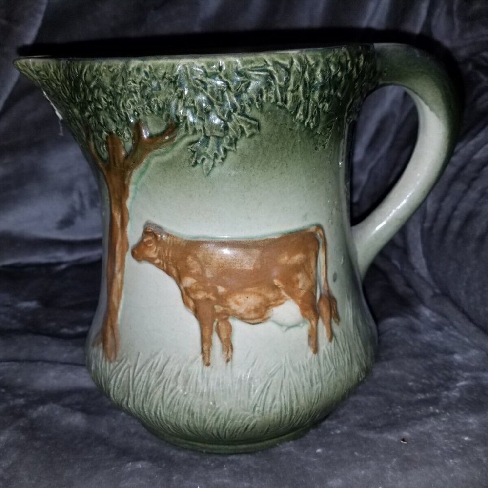 Vintage Green & Cream Pitcher W/Brown Cow
